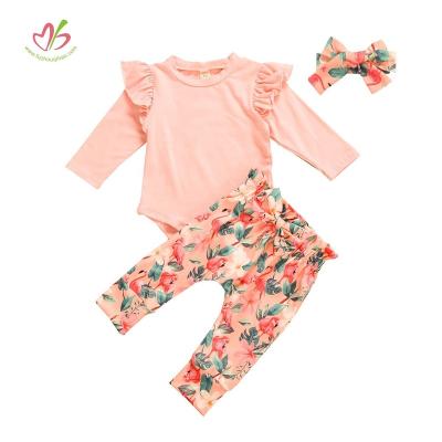 China Autumn Newborn Girls Fashion anti-shrink 3pcs outfits long sleeve rose ruffle infant romper floral bow pants headband baby clothes set for sale