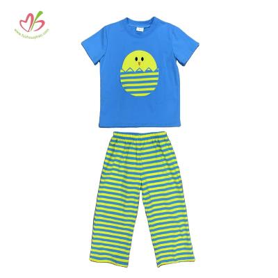 China Casual Chick Applique Boys Clothes Set Short Sleeve Shirt Stripe Easter Egg Pants Knitted Kids Clothing Sets 2pcs for sale