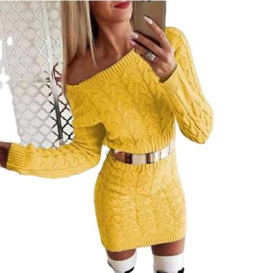 China 2021 Breathable Stylish Solid Color Long Sleeve Off The Shoulder Crop Twist Top Waist Knitted Women Sweater Twin Set Suit for sale