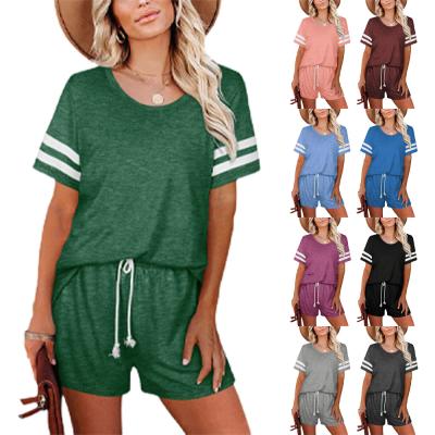 China The other new two-piece striped neck summer round neck pocket T-shirt pants home round short set for sale