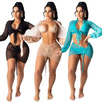 China Breathable Spring Summer 2022 3 Piece Swimwear Women Fashion Beach Wear Set Wholesale Woman Mesh Bikini Cover Up Swims Micro Sexy Hot for sale