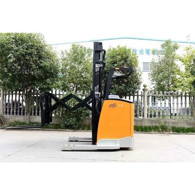 China Hotels 1000Kg Electric Fork Reach Truck Forklift 1 Ton Capacity Hydraulic Double Scissors for sale