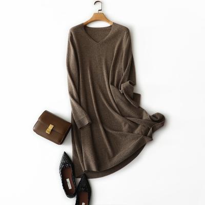 China 100% Pure Cashmere Knitted Dress V Neck Sleeve Cashmere Dress Breathable Mid Length Long for sale