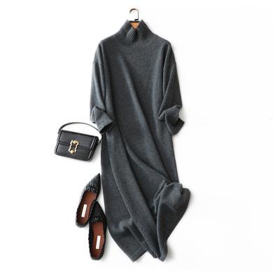 China Breathable High Neck Long Knitted Dress Dark Gray Sheer Cashmere Dress for sale