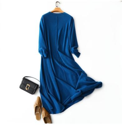 China Autumn And Winter Jumper Dress V-neck Washable Blue Cashmere Knitted Dress for sale