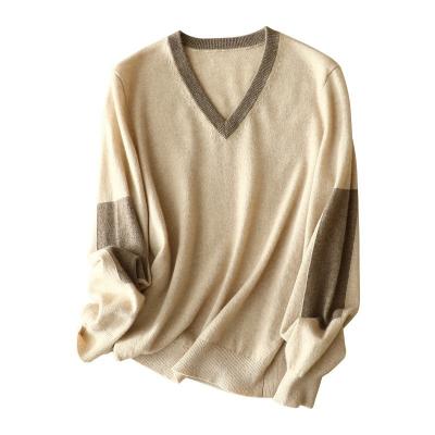 China Anti-wrinkle Color Blocking V Neck Women Cashmere Sweater Fashion Pullover 100% Cashmere Sweater for sale