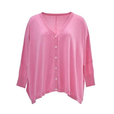 China Anti-wrinkle pink v-neck knit cashmere sweater customized loose pure cashmere sweater for sale