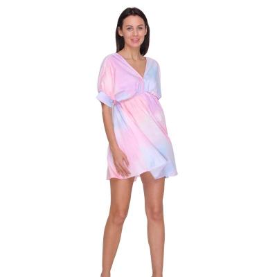 China 2021 summer v neck bat sleeve breathable casual deep swing pleated tie dye mini dress for women for sale