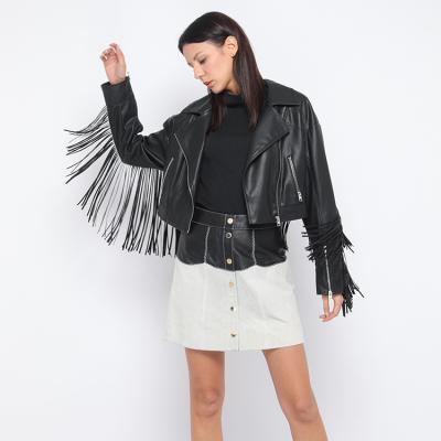 China Latest Style Design Waterproof Faux Soft PU Leather Jacket Women With Long Backing PU Fringe for sale