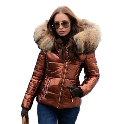 China Waterproof Women's Down Coat With Raccoon Fur Hood Slim Lady Luxury Fur Down Parka Jacket for sale