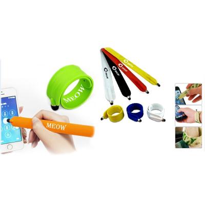 China Local Bands Customized Logo Printed Silicone Slap Wristband Stylus Pen for sale