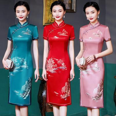 China High Grade Short Sleeve Women's Silk Cheongsam Traditional Modern Qipao Dress Tang Suit Chinese National Garments for sale