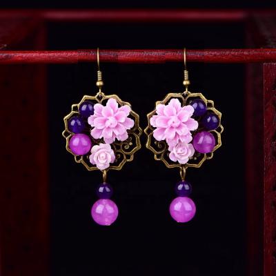 China Vintage Wholesale Hanfu Earrings Jade Designer Women Flower Fashion Natural Stone Earrings Chinese for sale