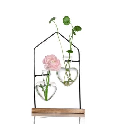 China Home Office Modern Decoration Planter Bulb Desktop Glass Vases With Stand Retro Solid Wood Glass Vase Retro Air Wood Planter for sale