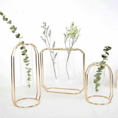 China Modern Home Decoration Rose Gold Iron Metal Artificial Flower Hanging Hydroponic Test Tube Vase for sale