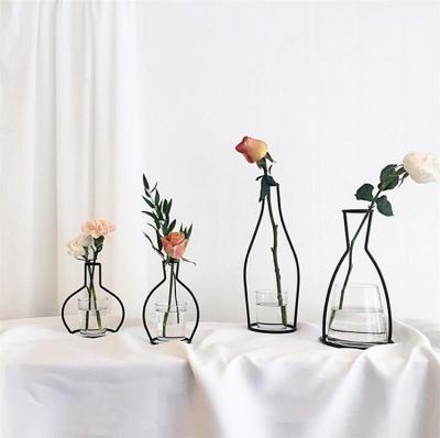 China Minimalist Art Home Desktop Decorations Ins Style Nordic Simple Iron Vase Flower Transparent Glass Metal Water Bottle for sale