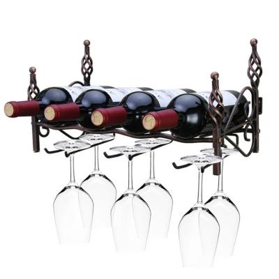 China Wall Mounted Viable Metal Wine Rack, Vintage Vine Wine Rack Storage 4 Bottle Cages and 6 Wine Glasses for Dining Room Decor for sale