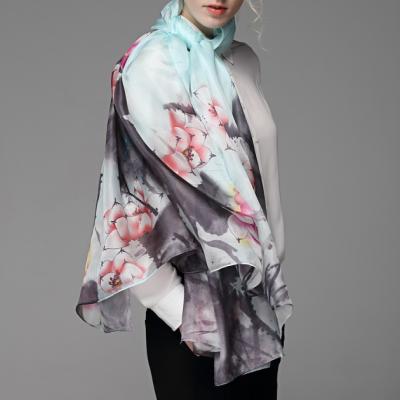 China 2021 New Double Faced Floral Printing Nature Smooth 100% Pure Silk Long Habotai Silk Scarf for sale