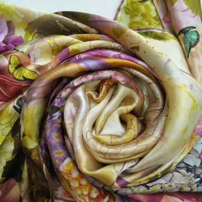 China 2021 Elegant Soft Floral Digital Printed Silk Shawl Satin Square Scarf for sale