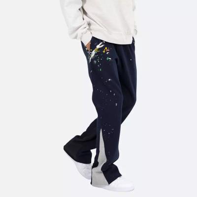 China custom Anti-wrinkle 2022 men sweatpants loose fit logo sports knitted patchwork splatter ink tracker to flare wide leg men pants for sale