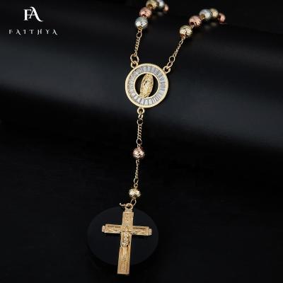 China Good Sale FN0005 FASHIONABLE Virgin Mary Medal 3 Gold CZ Clear Gold Layered Rosary Beads Necklace 18K Solid Gold Oro Laminado for sale