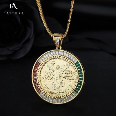 China New 18k Yellow Gold Commemorative Coins FP1111 A Ornate Diamond Necklace Mexican Commemorative Medallion 50 Pesos Pendant for sale