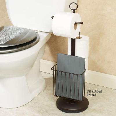 China Free Standing Toilet Paper Holder Floor Standing Water Proof Metal Toilet Towel Paper Holder With Wire Shelf for sale