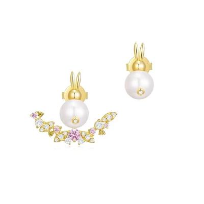 China 925 Sterling Silver Trendy Trendy Vermeil Plated Bunny Rabbit Flower Pearl Stud Earrings For Women for sale