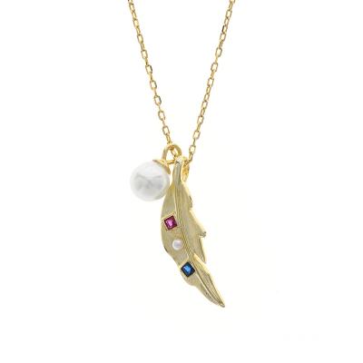 China TRENDY 925 Sterling Silver Feather Bead Jewelry Colored Zircon Pendant Necklace for sale