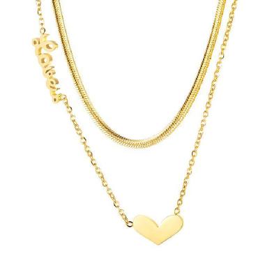 China Trendy Vintage Love Heart Shape Pendant 18K Gold Plated Double Chain Stainless Steel Necklace for sale