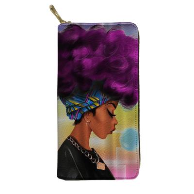 China Afro Girl Pattern Designer Card Money Wallet Waterproof Black PU Leather Ladies Long PU Purse Wallets for sale