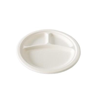 China Traditional 3 Compartment 9 Inch Eco-Friendly Disposable Biodegradable Sugarcane Bagasse Paper Plate For Wedding for sale