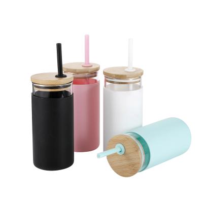 China Amazon Hot Sale 20oz Borosilicate Glass Water Bottle Viable Tumbler With Straw Silicone Sleeve Bamboo Lid for sale