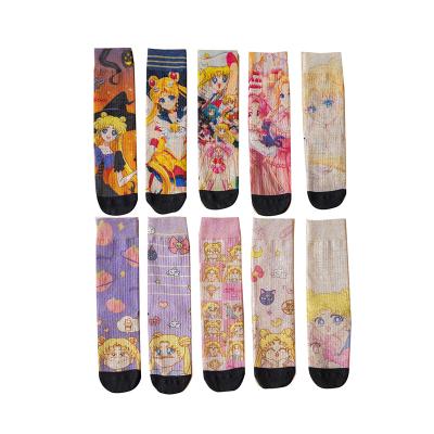 China QUICK DRY Classic Cartoon Girl Print Dressing Bangs Fashion Color Crew Cotton Medium Socks For Spring Summer Autumn Winter for sale