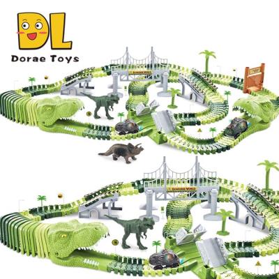 China Slot Toy Dinosaurs Race Track Toy For Boys Girls 192 Flexible Track For Toddler Birthday Gift 2 LED Dinosaur Race Cars for sale