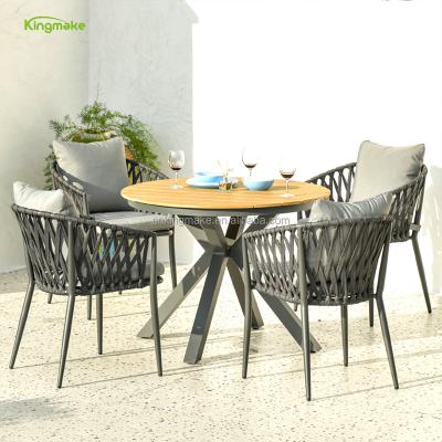 China Modern European Design 4 Pcs Balcony Set All Weather Rope Chairs Outdoor Aluminum Wood Table Table And Chair Set Teak Wood Patio Furniture for sale