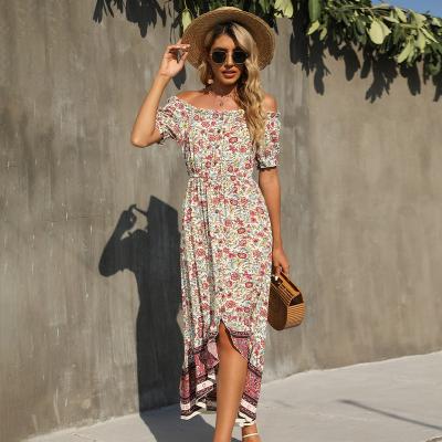 China New Design One Shoulder Floral Dress Women Summer Casual Dress Fashion Washable Short Cotton Long High Waist Dress for sale