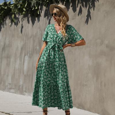 China Washable Summer Stretching Green Deep V Neck Short Sleeve Floral Dress Women Dresses High Waisted Lace Up Maxi Dress For Girl for sale