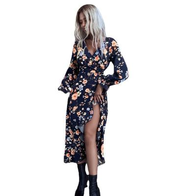 China Wholesale Washable Short Sheathed Korean Floral Women Dress Sexy V-Neck Waist High Waist Dress Casual Summer Floral Sexy Split Ladies Long Skirt for sale