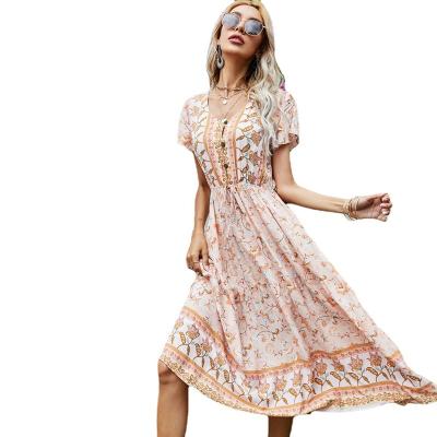 China Amazon Sale Washable Hot Dress V-Neck Waist Button Print Women Maxi Short Sleeved Casual Dress Elegant Cotton Dresses Summer Women for sale