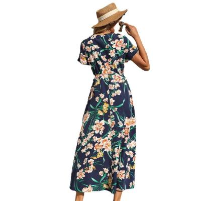 China Washable European and American Style Dress V-Neck Hollow Out Maxi Dress Navy Blue Summer Leisure Short-sleeved Floral Dress for sale