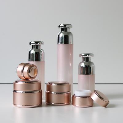 China Recycable Rose Cosmetic Packaging Set Container Luxury Aluminum Jar Acrylic Airless Lotion Bottle for sale