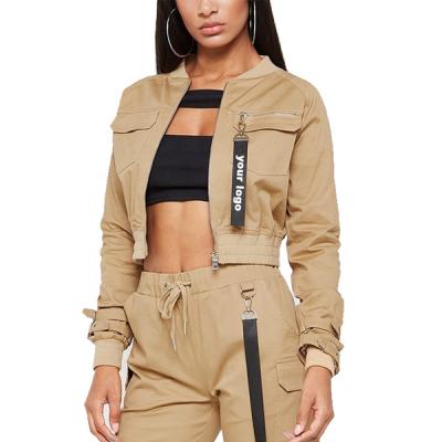 China MGOO Women Streetwear Loop Cuff Bomber Jacket Sustainable Cargo Cropped Coat for sale