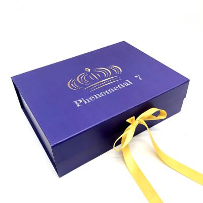 China Recycled Materials Wholesale Custom Logo Magnetic Folding Paper Box Packaging Magnet Foldable Gift Boxes With Ribbon Closure for sale