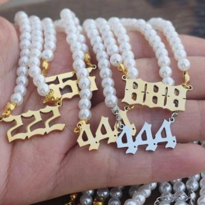 China nickel & Personalized Lead Free 18K Trendy Custom Made Angel Devil Number Necklace Stainless Steel Number 111-999 Pearl Gold Plated for sale