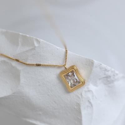 China Square Opal Stone CZ Stone Stainless Steel Charm Square Necklace Crystal Jewelry Quartz Rectangle Lead Free Nickel Free Necklace for sale