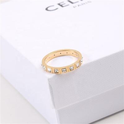 China Lead Free Luxury Small Zircon Band Thin Ring 18K PVD Nickel Free Gold Plated Stainless Steel Jewelry CZ Stone Diamond Ring For Women for sale