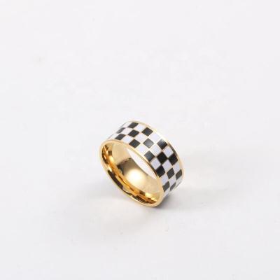 China Finger Wide Ring Women Checkerboard Band Checkerboard Ring Stainless Steel Jewelry Minimalist Ring 18K Gold Geometric Punk Lead Free Nickel Free for sale