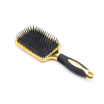 China Hairdressing Square Gold Handle Paddle Brush Massage Scalp Straighten Hair Comb For Gently Detangle Hair for sale