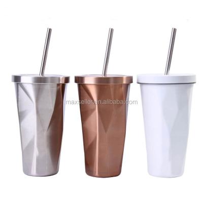 China 16OZ Stainless Steel Wall Vacuum Disposable Double Tumbler Insulated Coffee Mug With Lid And Straw for sale